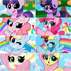 Size: 1080x1080 | Tagged: safe, artist:kittyrosie, imported from derpibooru, fluttershy, pinkie pie, rainbow dash, twilight sparkle, alicorn, butterfly, earth pony, pegasus, pony, 2020, 2022, bean mouth, blushing, candy, cloud, comparison, cute, dashabetes, diapinkes, female, flying, food, grin, improvement, kittyrosie is trying to murder us, lollipop, mare, old art, one eye closed, open mouth, open smile, rainbow, shyabetes, smiling, spread wings, tree, twiabetes, twilight sparkle (alicorn), weapons-grade cute, wings, wink