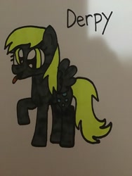 Size: 2448x3264 | Tagged: safe, artist:maddiedraws5678, imported from derpibooru, derpy hooves, pegasus, pony, cute, derp, derpabetes, derpy being derpy, female, full body, g4, gray coat, hooves, mare, raised hoof, raised leg, silly, simple background, solo, standing, tail, tongue out, traditional art, white background, yellow eyes, yellow hair, yellow mane, yellow tail