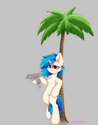 Size: 853x1080 | Tagged: safe, artist:lunylin, imported from derpibooru, dj pon-3, vinyl scratch, pony, unicorn, bipedal, bipedal leaning, chest fluff, dexterous hooves, gray background, gun, leaning, micro uzi, palm tree, simple background, smiling, solo, standing on two hooves, submachinegun, tree, weapon