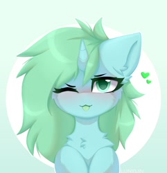 Size: 1042x1080 | Tagged: safe, artist:lunylin, imported from derpibooru, oc, oc only, oc:mintya, pony, unicorn, blushing, chest fluff, circle background, looking up, one eye closed, solo