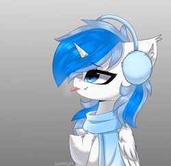 Size: 1280x1240 | Tagged: safe, artist:lunylin, imported from derpibooru, oc, oc only, alicorn, pony, :p, alicorn oc, bust, chest fluff, clothes, earmuffs, horn, portrait, scarf, solo, tongue out, wings