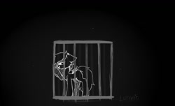 Size: 1280x779 | Tagged: safe, artist:lunylin, imported from derpibooru, pony, black and white, cage, grayscale, monochrome, smiling, solo