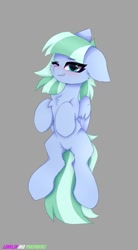 Size: 595x1080 | Tagged: safe, artist:lunylin, artist:ponipan341, imported from derpibooru, oc, oc only, pony, blushing, chest fluff, gray background, looking at you, lying down, on back, one ear down, simple background, solo