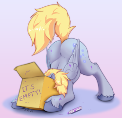 Size: 2061x2000 | Tagged: safe, artist:xbi, imported from derpibooru, derpy hooves, pegasus, pony, blonde, box, bubble butt, butt, covering, covering face, face down ass up, female, folded wings, gradient background, hiding, mare, marker, plot, raised tail, simple background, sneak 100, sneaking, solo, tabun art-battle finished after, tail, wings