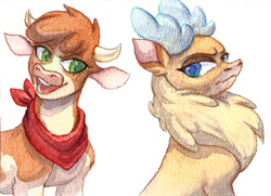 Size: 1280x929 | Tagged: safe, artist:tigra0118, imported from derpibooru, cow, deer, reindeer, them's fightin' herds, arizona (tfh), community related, duo, female, frown, looking at each other, looking at someone, neckerchief, open mouth, simple background, traditional art, unamused, velvet (tfh), velvet is not amused, watercolor painting, white background