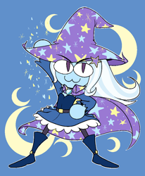 Size: 777x941 | Tagged: safe, artist:reiduran, imported from derpibooru, trixie, human, equestria girls, :3, blue background, brooch, cape, clothes, crescent moon, female, hat, jewelry, moon, neco-arc, simple background, slit pupils, solo, sparkles, trixie's brooch, trixie's cape, trixie's hat