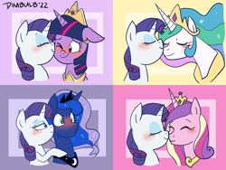 Size: 1600x1200 | Tagged: safe, artist:dimbulb, imported from derpibooru, princess cadance, princess celestia, princess luna, rarity, twilight sparkle, alicorn, pony, unicorn, blushing, cheek kiss, eyes closed, female, infidelity, jewelry, kissing, lesbian, one eye closed, raridance, rarilestia, rarilight, rariluna, rarity gets all the mares, regalia, shipping, twilight sparkle (alicorn)