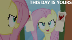 Size: 1280x720 | Tagged: safe, edit, edited screencap, editor:quoterific, imported from derpibooru, screencap, fluttershy, pegasus, pony, putting your hoof down, season 2, confident, female, mare, mirror, new fluttershy, open mouth, open smile, reflection, smiling, solo, text