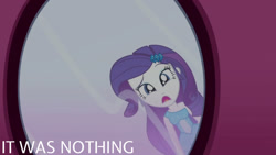 Size: 1280x720 | Tagged: safe, edit, edited screencap, editor:quoterific, imported from derpibooru, screencap, rarity, human, eqg summertime shorts, equestria girls, make up shake up, bare shoulders, fall formal outfits, female, hairpin, mirror, open mouth, sleeveless, solo, strapless, text