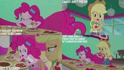 Size: 1280x720 | Tagged: safe, edit, edited screencap, editor:quoterific, imported from derpibooru, screencap, applejack, pinkie pie, human, equestria girls, equestria girls series, tip toppings, tip toppings: applejack, spoiler:eqg series (season 2), applejack's hat, belt, clothes, cowboy hat, cutie mark on clothes, denim, denim skirt, duo, duo female, female, food, froyo, geode of sugar bombs, geode of super strength, hat, magical geodes, open mouth, skirt, smiling, spoon, tanktop, text