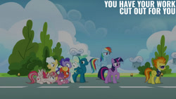 Size: 1280x720 | Tagged: safe, edit, edited screencap, editor:quoterific, imported from derpibooru, screencap, angel wings, hyacinth dawn, loosey-goosey, mountain haze, rainbow dash, short fuse, sky stinger, spitfire, twilight sparkle, vapor trail, alicorn, pegasus, pony, season 6, top bolt, female, flying, looking at you, male, mare, open mouth, smiling, smiling at you, spread wings, stallion, text, twilight sparkle (alicorn), wings