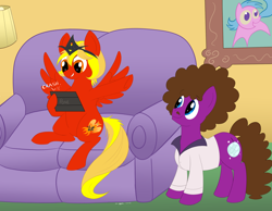 Size: 2700x2100 | Tagged: safe, artist:necrofeline, imported from derpibooru, oc, oc only, oc:boogie hooves, oc:queen chris phoenix, earth pony, pegasus, pony, series:red giant, couch, duo, duo male and female, female, gaming, implied cheese sandwich, implied firefly, implied shipping, jewelry, lamp, living room, male, mobile game, mobile gaming, ponysona, shipping fuel, spread wings, tablet, this will end in weight gain, tiara, weight gain sequence, wings