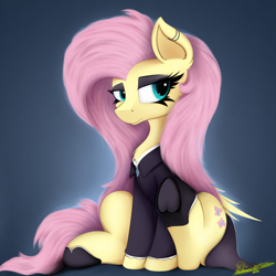 Size: 4000x4000 | Tagged: safe, artist:ser-p, imported from derpibooru, fluttershy, pegasus, pony, absurd resolution, clothes, ear piercing, eyeshadow, female, fluttergoth, frog (hoof), makeup, mare, piercing, sitting, solo, underhoof