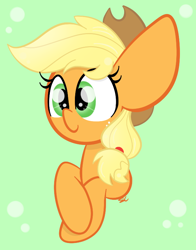 Size: 586x747 | Tagged: safe, artist:sugarcloud12, imported from derpibooru, applejack, earth pony, pony, blonde mane, bust, crossed hooves, crossed legs, ears up, green background, green eyes, hat, orange coat, portrait, simple background, smiling, solo