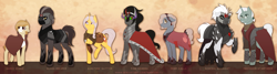 Size: 3083x825 | Tagged: safe, artist:whatevstu, imported from derpibooru, king sombra, oc, oc:adamant, oc:glass beaker, oc:ivory calla, oc:sandy wings, oc:starfinder, oc:sunstone glitter, earth pony, pony, unicorn, female, male, mare, stallion