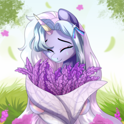 Size: 2500x2500 | Tagged: safe, artist:fluffywhirlpool, imported from derpibooru, oc, oc only, pony, unicorn, bouquet, bouquet of flowers, bust, cute, eyes closed, female, flower, hair accessory, high res, horn, lavender, mare, outdoors, smiling, solo