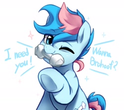 Size: 1748x1542 | Tagged: safe, artist:maren, imported from derpibooru, oc, oc only, oc:blue chewings, earth pony, pony, chew toy, hoofbump, looking at you, mouth hold, one eye closed, simple background, sparkles, talking to viewer, underhoof, white background, wink, winking at you