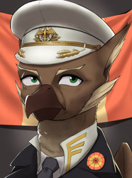 Size: 1280x1724 | Tagged: safe, artist:kaiser-sauce, imported from derpibooru, oc, oc only, oc:alexander kemerskai, griffon, equestria at war mod, bust, flag, hat, looking at you, necktie, portrait, solo