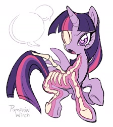 Size: 1472x1646 | Tagged: safe, artist:tikovka_pumpkin, imported from derpibooru, twilight sparkle, alicorn, pony, bone, flesh, freeny's hidden dissectibles, horn, narrowed eyes, open mouth, skeleton, solo, speech bubble, twilight sparkle (alicorn)