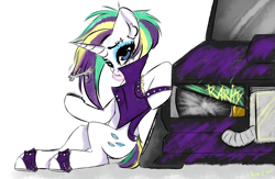 Size: 4000x2600 | Tagged: safe, artist:rise_of_evil_69, imported from derpibooru, rarity, pony, unicorn, it isn't the mane thing about you, alternate hairstyle, bracelet, bubblegum, car, clothes, cute, eyebrows, eyeshadow, female, filly, foal, food, gum, high res, jewelry, makeup, mare, meta, punk, raribetes, raripunk, shadow, signature, simple background, sitting, smiling, solo, vehicle, white background, wrench