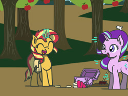 Size: 1800x1350 | Tagged: safe, artist:flutterluv, imported from derpibooru, part of a set, starlight glimmer, sunset shimmer, pony, unicorn, apple, apple tree, atg 2022, bag, cupcake, duo, food, magic, newbie artist training grounds, part of a series, saddle bag, shovel, treasure chest, tree