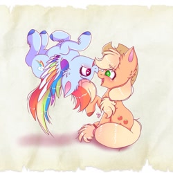 Size: 1045x1045 | Tagged: safe, artist:galaxy swirl, imported from derpibooru, applejack, rainbow dash, earth pony, pegasus, pony, appledash, blushing, colored wings, cute, dashabetes, duo, ear fluff, eye clipping through hair, eye contact, eyebrows, eyebrows visible through hair, female, flying, freckles, heart, heart eyes, jackabetes, lesbian, looking at each other, looking at someone, mare, multicolored wings, open mouth, open smile, rainbow wings, raised hoof, shipping, signature, sitting, smiling, smiling at each other, stray strand, upside down, wingding eyes, wings