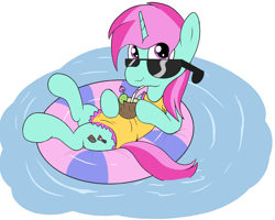 Size: 2000x1600 | Tagged: safe, artist:amateur-draw, imported from derpibooru, oc, oc:belle boue, unicorn, clothes, coconut cup, crossdressing, inner tube, male, one-piece swimsuit, pool toy, simple background, solo, stallion, straw, sunglasses, swimsuit, water, white background