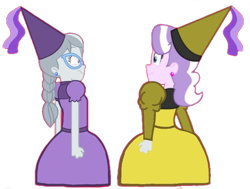 Size: 706x533 | Tagged: safe, artist:succubi samus, edit, imported from derpibooru, diamond tiara, silver spoon, human, equestria girls, background removed, blunt, confused, ear piercing, glasses, hair braid, hat, hennin, huh, looking at each other, looking at someone, medieval, piercing, princess, shocked, shocked expression, shocked eyes, simple background, transparent background, wat, worried, wtf, wtf face