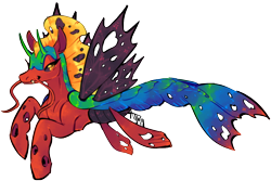 Size: 800x534 | Tagged: safe, artist:clovercoin, imported from derpibooru, oc, oc only, changeling, changeling queen, hybrid, merpony, seapony (g4), fangs, female, fins, fish tail, helmet, mare, orange eyes, scales, seaponified, signature, simple background, smiling, solo, species swap, tail, transparent background, wings