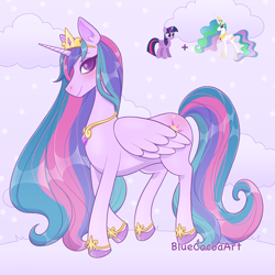 Size: 2048x2048 | Tagged: safe, artist:bluecocoaart, imported from derpibooru, princess celestia, twilight sparkle, oc, oc:celestial spark, alicorn, accessory, alicorn oc, bracelet, crown, fusion, horn, jewelry, multicolored hair, necklace, pastel, rainbow hair, regalia, smiling, twilight sparkle (alicorn), wings