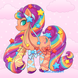 Size: 2048x2048 | Tagged: safe, artist:bluecocoaart, imported from derpibooru, sunny starscout, earth pony, pony, alternate hairstyle, bow, cloud, cutie mark, female, g5, hair bow, hairclip, mare, multicolored hair, rainbow hair, raised hoof, ribbon, smiling, solo, stars, unshorn fetlocks