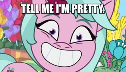 Size: 640x364 | Tagged: safe, edit, edited screencap, imported from derpibooru, screencap, earth pony, pony, spoiler:g5, spoiler:my little pony: tell your tale, spoiler:tyts01e16, caption, dahlia, female, g5, image macro, mare, my little pony: tell your tale, neighfever, tell me i'm pretty, text, the fairly oddparents, trixie tang