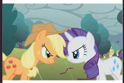 Size: 1319x886 | Tagged: safe, imported from derpibooru, screencap, applejack, rarity, earth pony, pony, unicorn, look before you sleep, angry, cloud, glare, looking at each other, looking at someone, rain, stare down