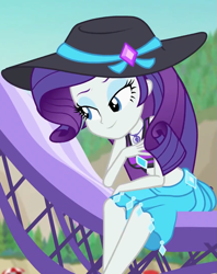 Size: 857x1080 | Tagged: safe, imported from derpibooru, screencap, rarity, human, equestria girls, equestria girls series, forgotten friendship, bare shoulders, clothes, cropped, hat, rarity's blue sarong, rarity's purple bikini, sarong, sleeveless, solo, swimsuit