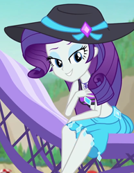 Size: 832x1080 | Tagged: safe, imported from derpibooru, screencap, rarity, human, equestria girls, equestria girls series, forgotten friendship, bare shoulders, clothes, cropped, hat, rarity's blue sarong, rarity's purple bikini, sarong, sleeveless, solo, swimsuit