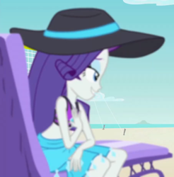 Size: 906x920 | Tagged: safe, imported from derpibooru, screencap, rarity, human, equestria girls, equestria girls series, forgotten friendship, bare shoulders, clothes, cropped, hat, rarity's blue sarong, rarity's purple bikini, sarong, sleeveless, solo, swimsuit