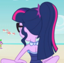 Size: 881x872 | Tagged: safe, imported from derpibooru, screencap, sci-twi, spike, spike the regular dog, twilight sparkle, dog, human, equestria girls, equestria girls series, forgotten friendship, bare shoulders, clothes, cropped, one-piece swimsuit, sci-twi swimsuit, selfie drone, sleeveless, swimsuit