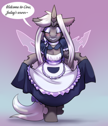 Size: 2572x3000 | Tagged: safe, artist:jedayskayvoker, imported from derpibooru, oc, oc:n0cturn3, changeling, changeling queen, blushing, changeling oc, changeling queen oc, clothes, colored, colored sketch, crossdressing, cute, dress, ear piercing, female, femboy, full color, gradient background, maid, makeup, male, patreon, patreon reward, piercing, sketch, solo, speech bubble, spread wings, stallion, text, trap, white changeling, wings