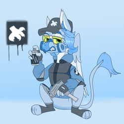 Size: 5000x5000 | Tagged: safe, artist:xasslash, imported from derpibooru, oc, oc only, oc:flynn the icecold, griffon, armor, cap, clothes, glasses, gun, handgun, hat, male, mask, pistol, respirator, simple background, solo, spray can, weapon