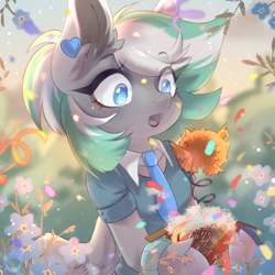 Size: 3500x3500 | Tagged: safe, artist:waterfall dream, imported from derpibooru, oc, oc only, oc:shirley flow, bird, pegasus, pony, blue eyes, clothes, confetti, female, flower, g5, g5 oc, happy birthday, jewelry, mare, necktie, oda 1997, oda 997, open mouth, pegasus oc, solo