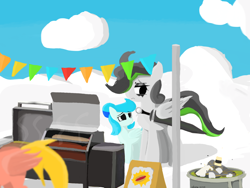 Size: 2160x1620 | Tagged: safe, artist:xdamny, imported from derpibooru, oc, oc:piva storm, pegasus, cloud, cooking, female, filly, foal, food, hot dog, meat, sausage