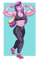 Size: 800x1242 | Tagged: safe, artist:tzc, imported from derpibooru, princess cadance, human, equestria girls, abs, armpits, belly button, bodybuilder, buff, clothes, commission, dean ca-dense, dean cadance, eyeshadow, female, fetish, makeup, muscle fetish, muscles, muscular female, one eye closed, pants, princess ca-dense, shoes, sneakers, solo, sports bra, sweatpants, wink