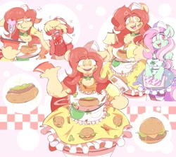 Size: 2000x1776 | Tagged: safe, artist:burgivore, imported from derpibooru, minty, munchy, oc, oc:dine n' dash, earth pony, semi-anthro, angry, apron, burger, clothes, diner, female, food, hot dog, male, meat, menu, sausage