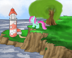 Size: 2000x1600 | Tagged: safe, artist:amateur-draw, imported from derpibooru, oc, oc only, oc:belle boue, unicorn, butt, cliff, lighthouse, male, ocean, plot, scenery, solo, stallion, tree, water