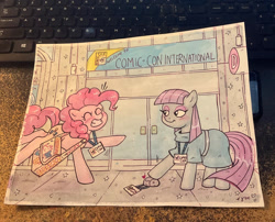 Size: 900x727 | Tagged: safe, artist:marybellamy, imported from derpibooru, maud pie, pinkie pie, earth pony, boulder, clean, comic con, commission, convention, marybellamy, traditional art, watercolor painting, zorilita