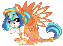Size: 1728x1275 | Tagged: safe, artist:emberslament, imported from derpibooru, oc, oc only, oc:pharess, sphinx, bracelet, cute, eyeshadow, female, headress, jewelry, lace, licking, lidded eyes, makeup, paws, ring, simple background, solo, sphinx oc, spread wings, tail, tail ring, tongue out, transparent background, wings