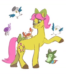 Size: 1438x1642 | Tagged: safe, artist:mayugraffiti, imported from derpibooru, bird, crab, earth pony, pony, raccoon, snail, bow, female, g5, hair bow, horn, kenneth, mare, pegasnail, posey bloom, raccoonicorn, raised hoof, simple background, tail, tail bow, white background, wings