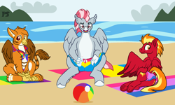 Size: 2070x1246 | Tagged: safe, artist:peregrinstaraptor, imported from derpibooru, oc, oc only, oc:gareth, oc:sunfyre, oc:valour flame, classical hippogriff, griffon, hippogriff, pegasus, butt, clothes, male, plot, pride flag, swimsuit