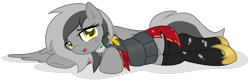 Size: 4248x1392 | Tagged: safe, artist:arshe12, imported from derpibooru, oc, oc only, oc:graeyscale, pegasus, pony, adepta sororitas, armor, base used, bedroom eyes, belly button, clothes, collar, commission, female, high res, leggings, looking at you, lying down, on side, open mouth, open smile, pegasus oc, shock collar, shoes, simple background, slave collar, smiling, smiling at you, socks, solo, spread wings, thigh highs, torn clothes, transparent background, warhammer (game), warhammer 40k, wings, ych result