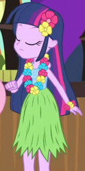 Size: 361x727 | Tagged: safe, imported from derpibooru, screencap, twilight sparkle, human, equestria girls, shake your tail, clothes, eyes closed, grass skirt, hula, hulalight, skirt, sleeveless